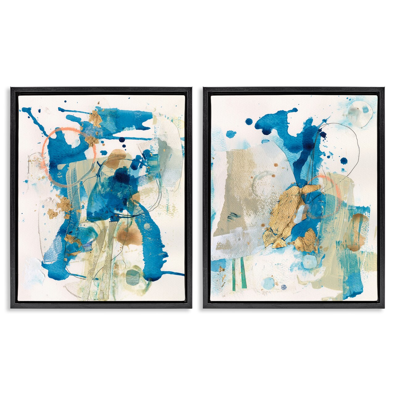 Stupell Industries Abstract Blue Gold Splash 2 pc Framed Floater Canvas Wall Art Set Design by Allison Ford